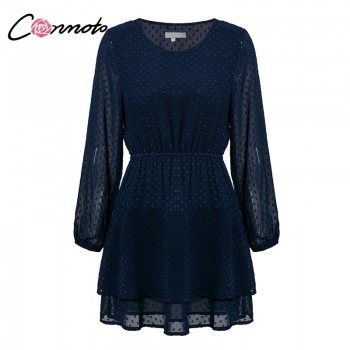 Casual Elegant Long Sleeve Polka Dot Dress Solid Short Summer Chiffon Dress Blue